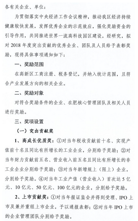 合肥高新区2019年企业表彰奖励项目