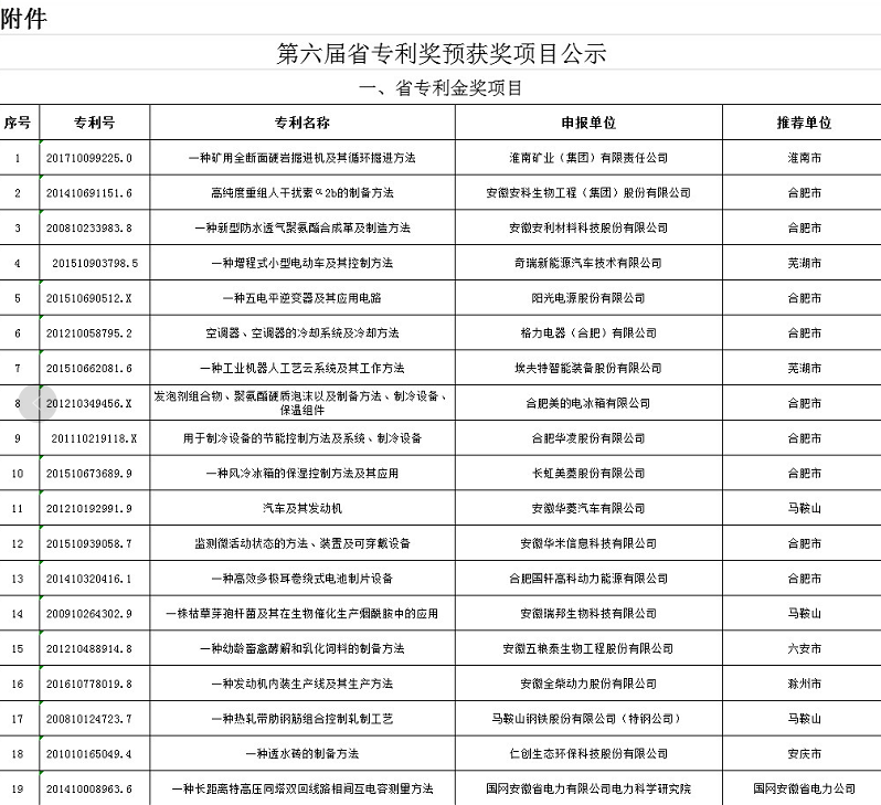 安徽省专利奖名单