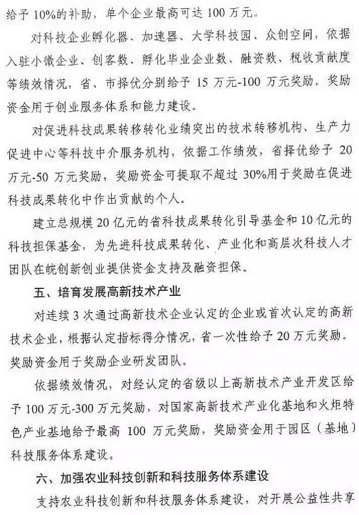 安徽省支持科技创新若干政策