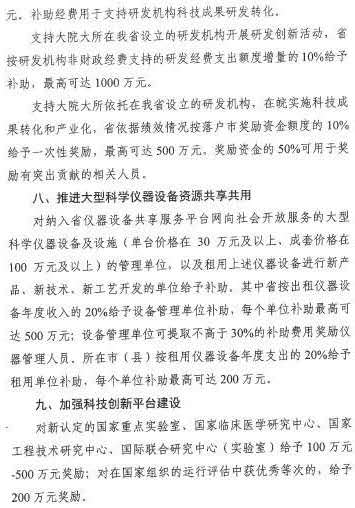 2019安徽省支持科技创新若干政策