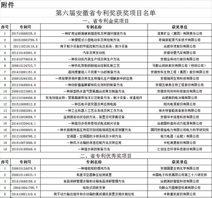 安徽省专利奖名单