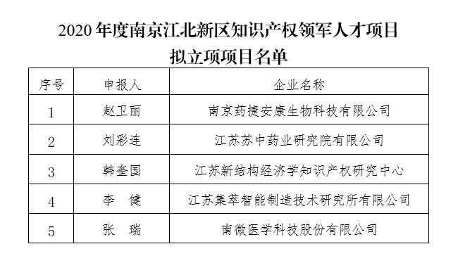 2020年南京江北新区知识产权领军人才项目