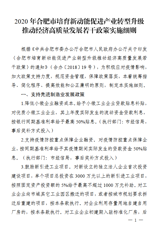 关于印发2020年合肥市培育新动能促进产业转型升级推动经济高质量发展若干政策实施细则的通知