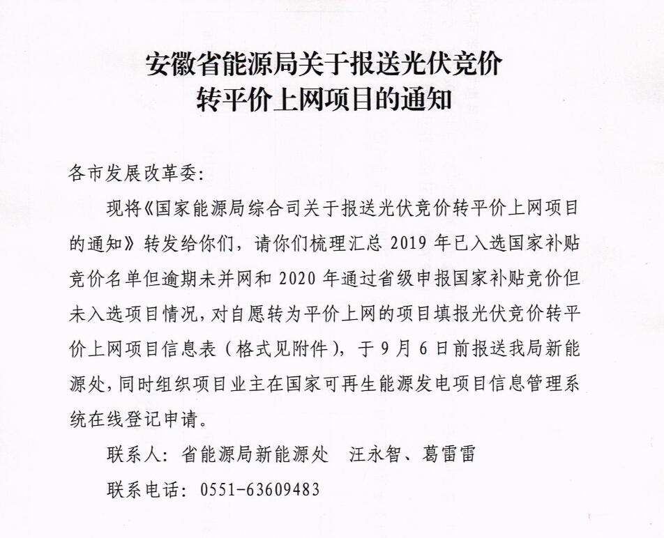 关于安徽省报送光伏竞价转平价上网项目的通知