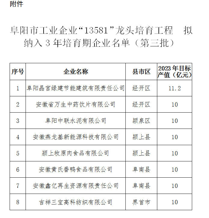 阜阳市工业企业13581龙头培育工程